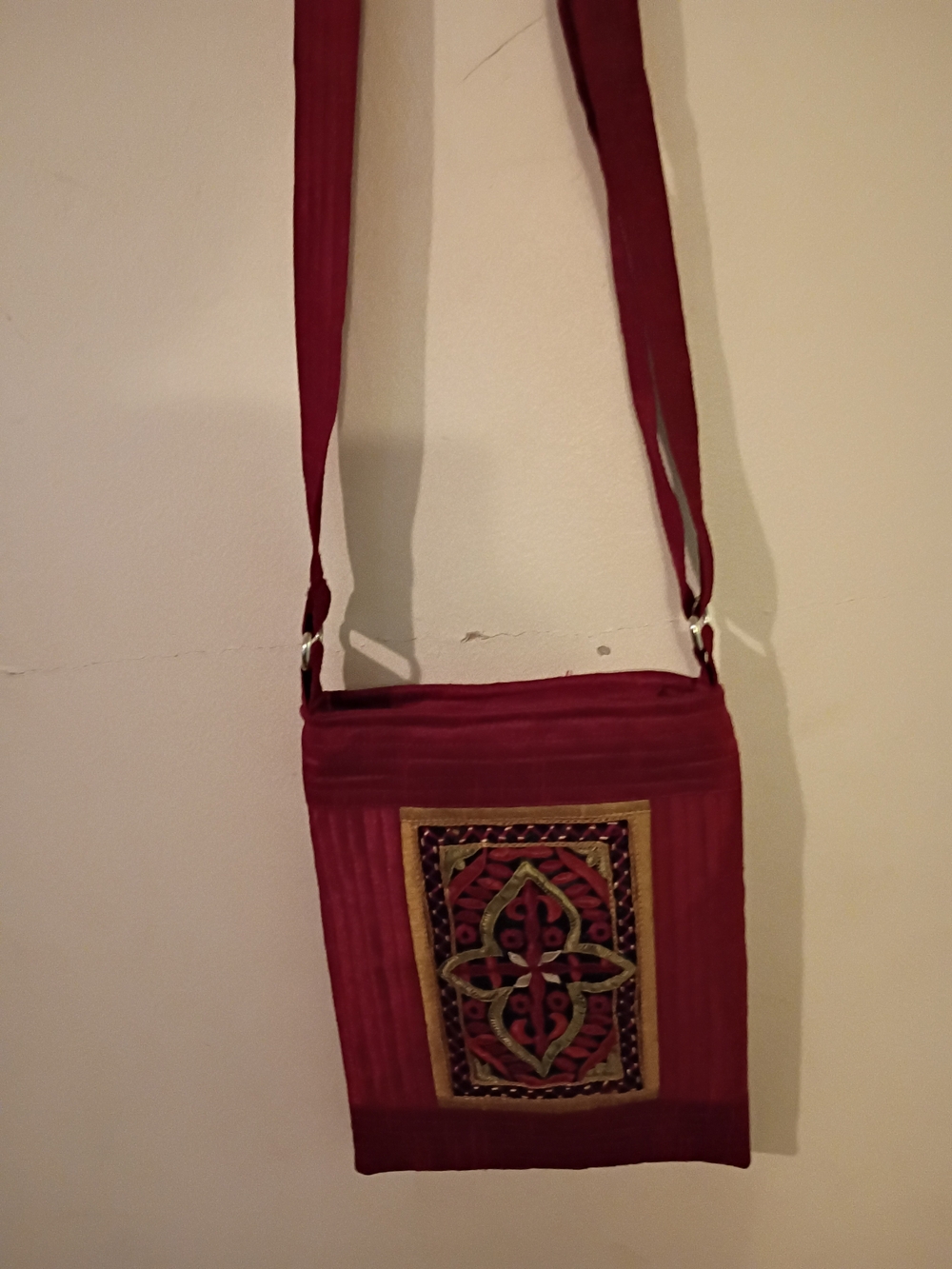 Embroidered Burgundy Crossbody Bag with Adjustable Strap